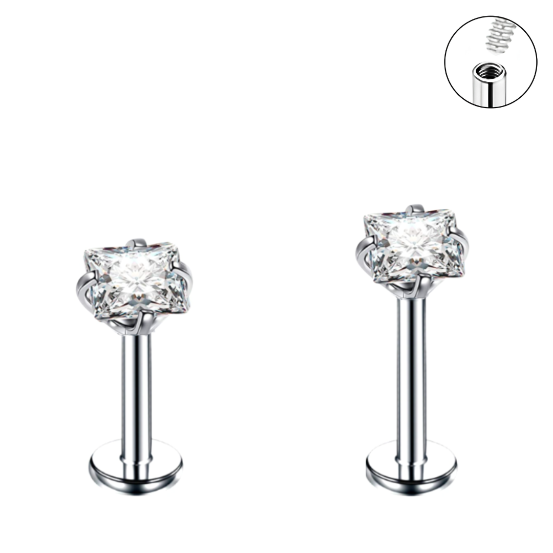 Steel Internally Threaded Square CZ Prong Set Tragus Labret