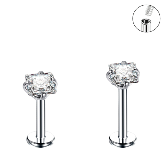 Steel Internally Threaded Square CZ Prong Set Tragus Labret