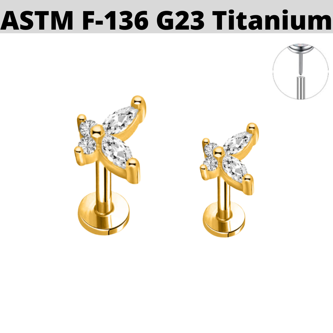 G23 Gold PVD Titanium Threadless Push In CZ Butterfly Tragus Labret