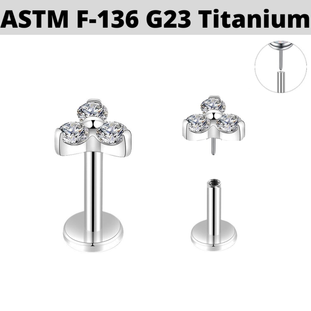 G23 Titanium Threadless Push In Trinity CZ Tragus Labret
