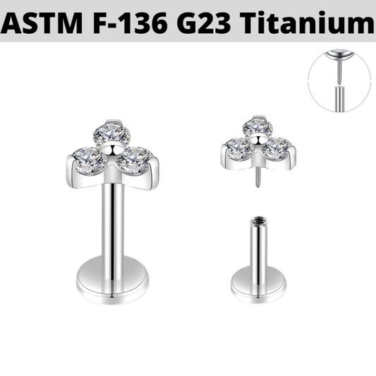 G23 Titanium Threadless Push In Trinity CZ Tragus Labret