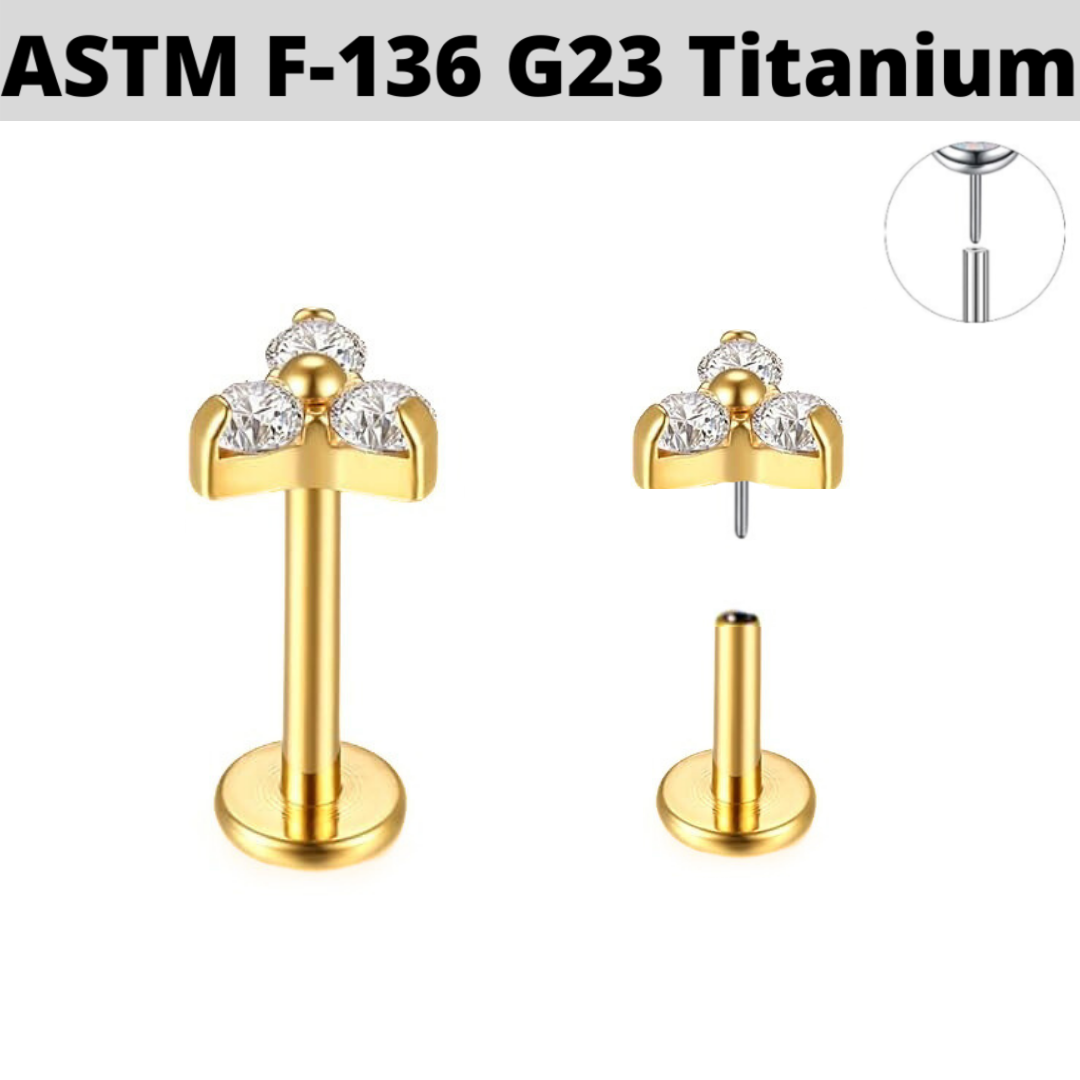 G23 Gold PVD Titanium Threadless Push In Trinity CZ Tragus Labret