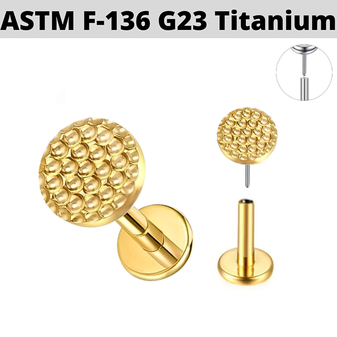 G23 Gold PVD Titanium Threadless Push In Hammered Circle Disc Labret
