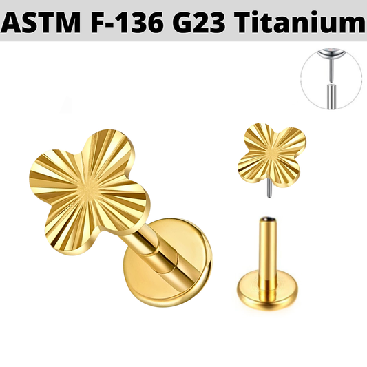 G23 Gold PVD Titanium Threadless Push In Radiant Clover Labret