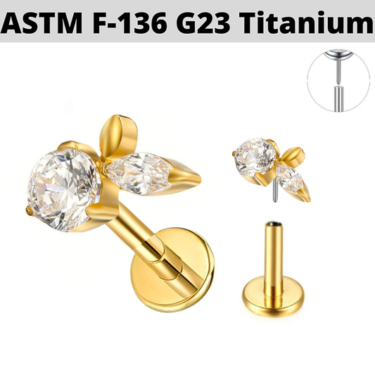 G23 Gold PVD Titanium Threadless Push In CZ Apple Labret