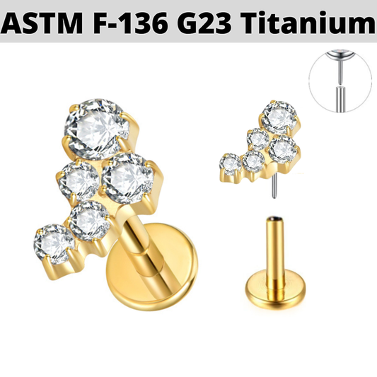 G23 Gold PVD Titanium Threadless Push In 5 CZ Design Labret