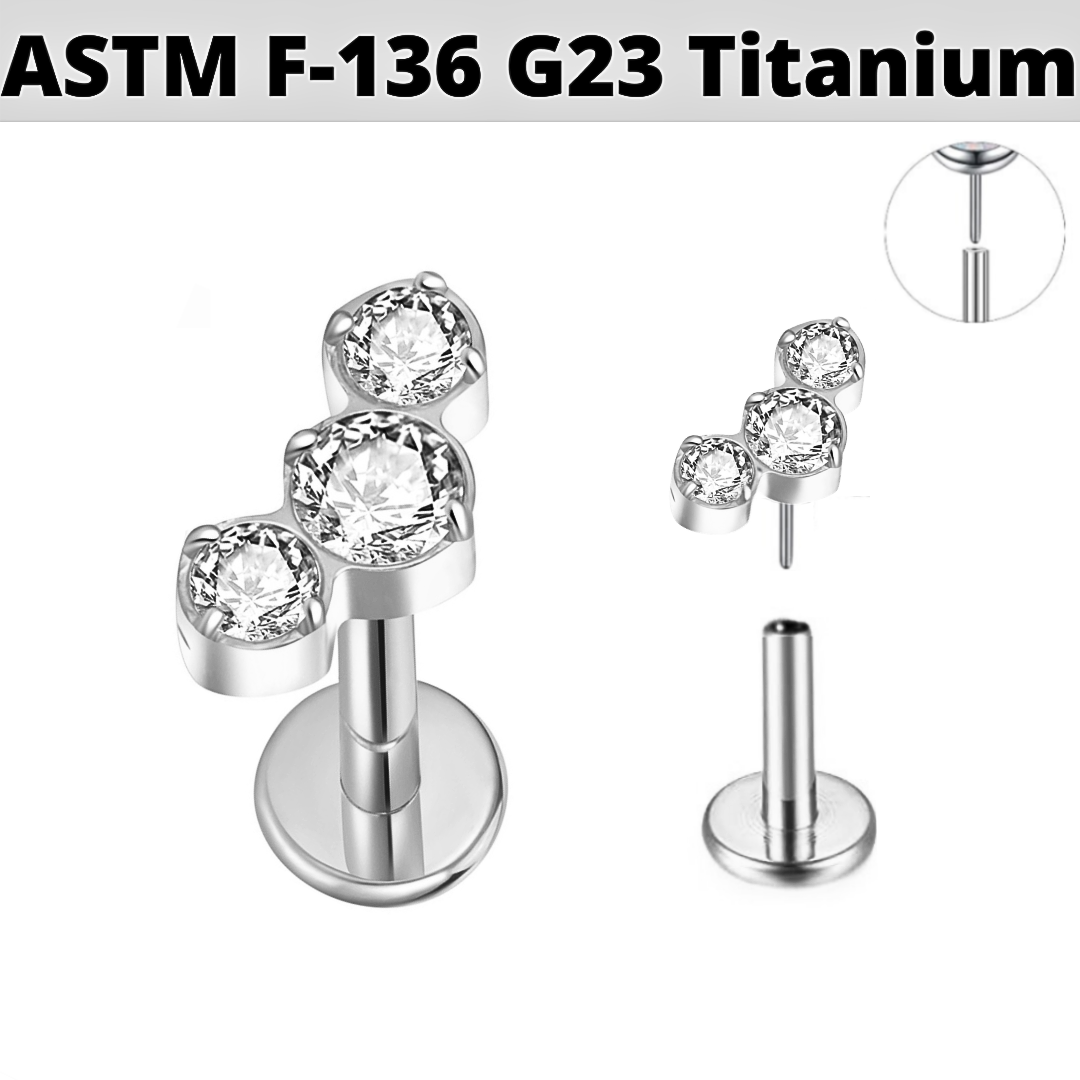 G23 Titanium Threadless Push In Prong Set 3 CZ Cluster Labret