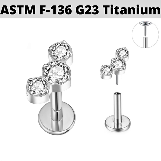 G23 Titanium Threadless Push In Prong Set 3 CZ Cluster Labret