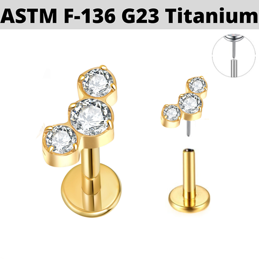 G23 Gold PVD Titanium Threadless Push In Prong Set 3 CZ Cluster Labret