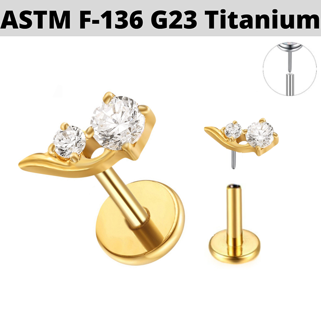 G23 Gold PVD Titanium Threadless Push In 2 CZ Floral Labret