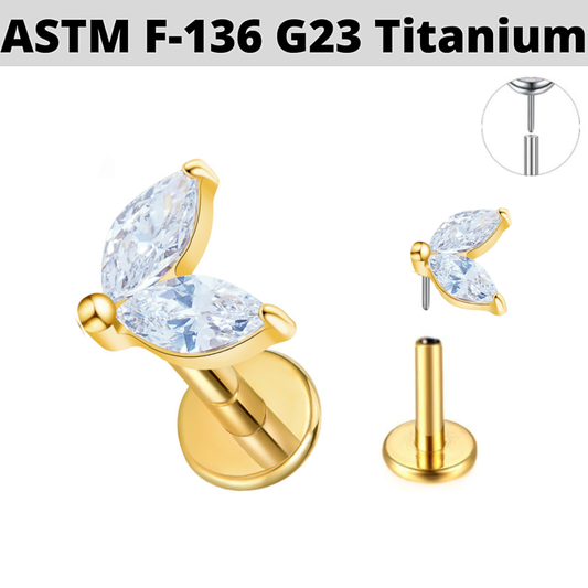 G23 Gold PVD Titanium Threadless Push In 2 Marquise CZ Labret