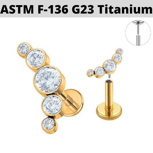 G23 Gold PVD Titanium Threadless Push In 5 CZ Cluster Tragus Labret
