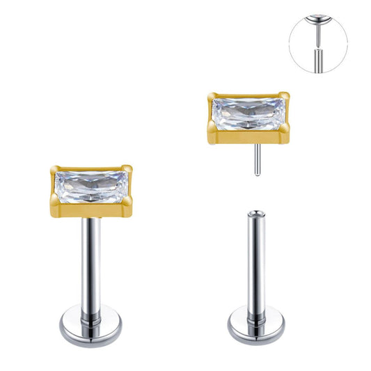 Gold Ion Plated Top Steel Threadless Push In Rectangular Baguette CZ Labret