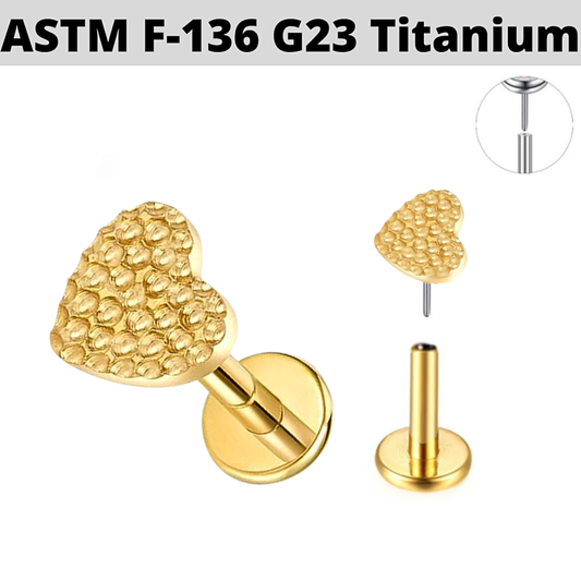 G23 Gold PVD Titanium Threadless Push In Hammered Heart Labret