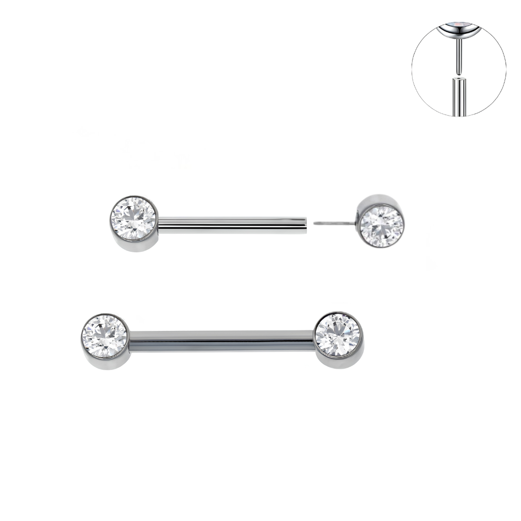 Steel Threadless Push In Flat Bezel Set CZ Front Facing Barbell
