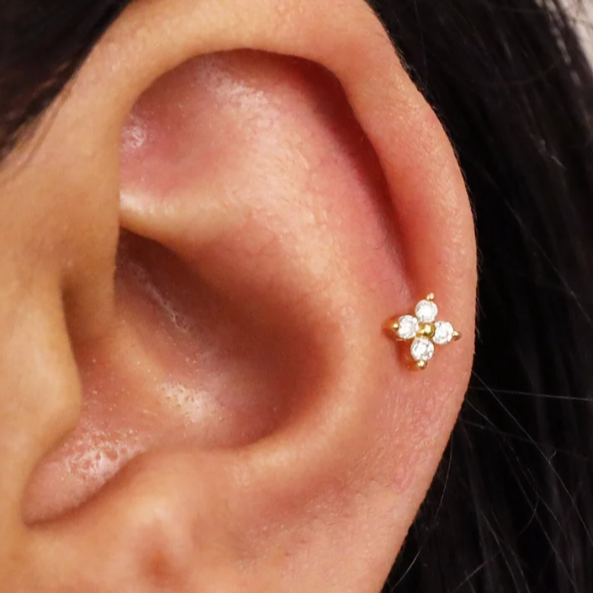 G23 Gold PVD Titanium Internally Threaded 4 CZ Clover Leaf Tragus Labret