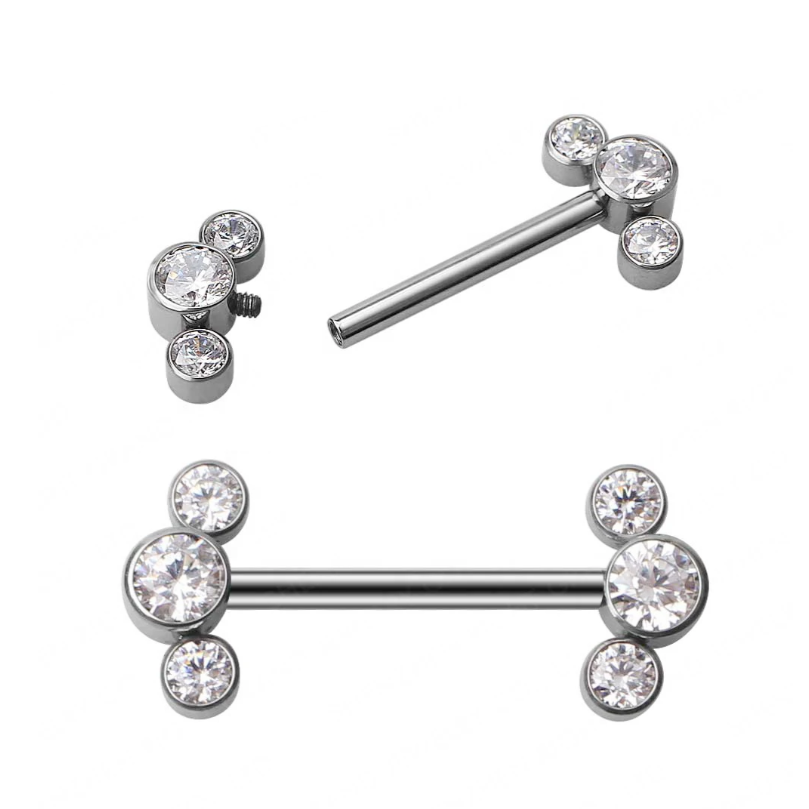 Internally Threaded Steel 3 Bezel Set Ends Nipple Barbell