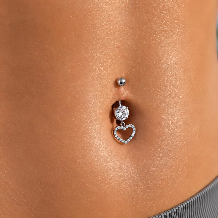 Prong Set CZ Dangle Paved CZ Heart Belly Ring