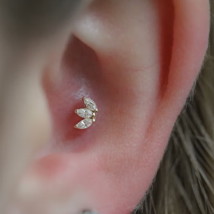 Gold Ion Plated Steel Threadless Push In 3 Marquise Fan CZ Labret