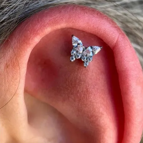 Steel Threadless Push In Marquise Paved CZ Butterfly Tragus Labret