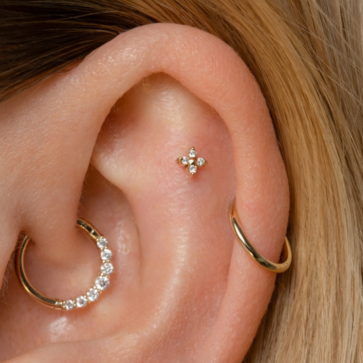 G23 Gold PVD Titanium Internally Threaded Micro CZ Clover Leaf Labret