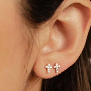 G23 Gold PVD Titanium Internally Threaded Paved CZ Cross Labret