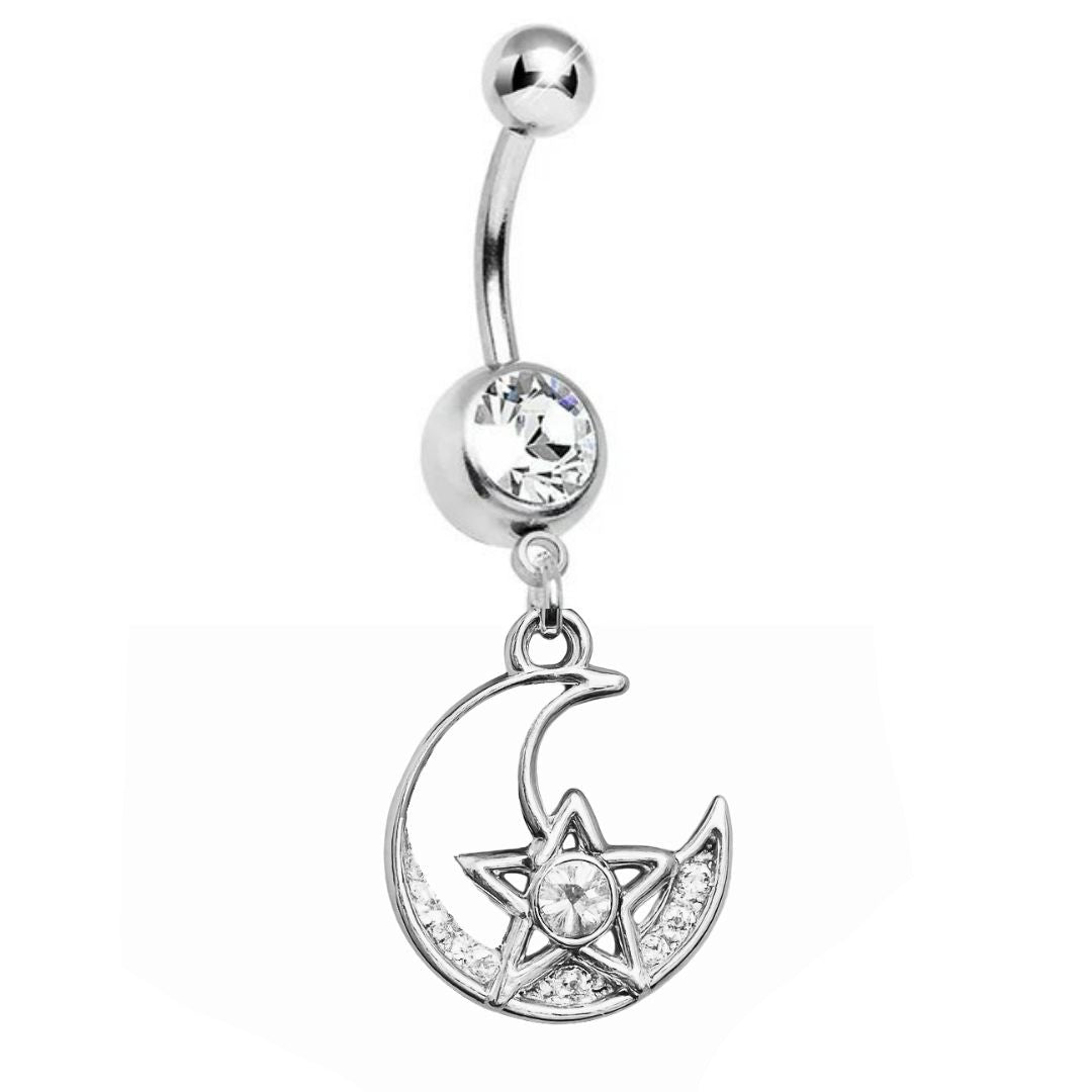 CZ Crescent Moon and Stars Dangle Belly Ring