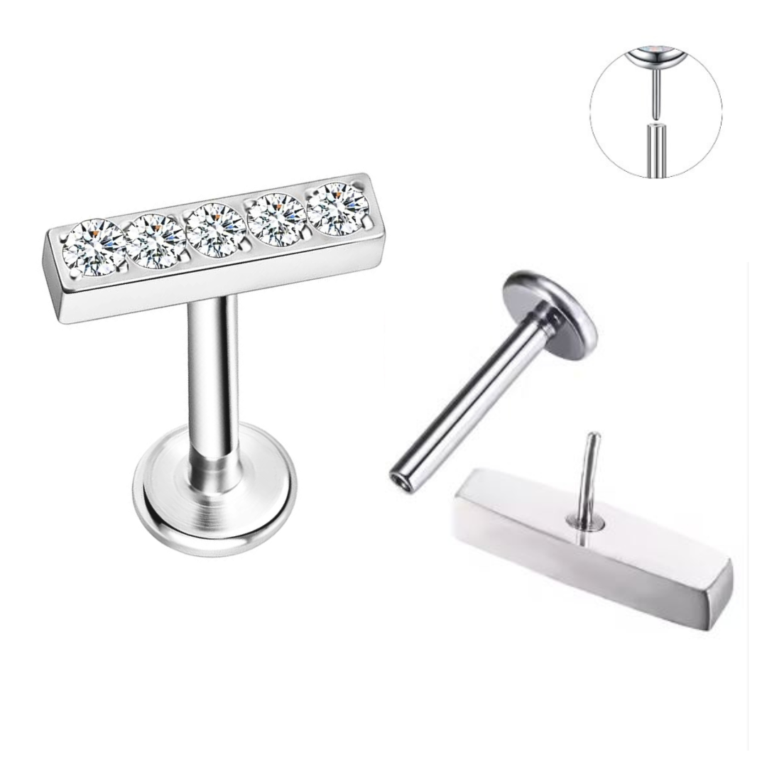 Steel Threadless Push In 5 CZ Straight Bar Tragus Labret