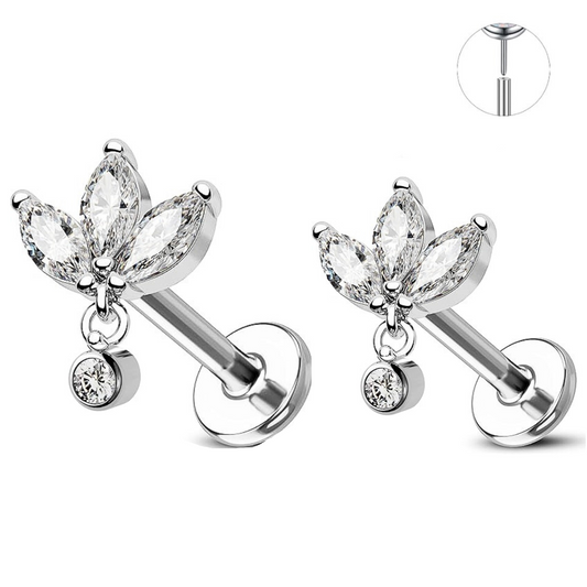Steel Threadless Push In 3 Marquise Fan Dangle CZ Tragus Labret