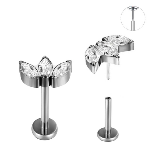 Steel Threadless Push In 3 Marquise Fan CZ Labret