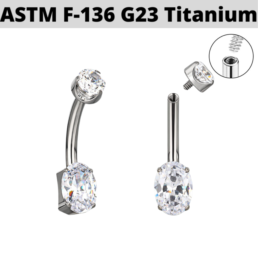G23 Titanium Internally Threaded Prong Set Oval CZ Belly Ring