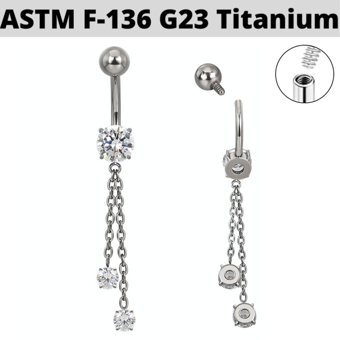 G23 Titanium Internally Threaded CZ Double Chains Dangle Belly Ring