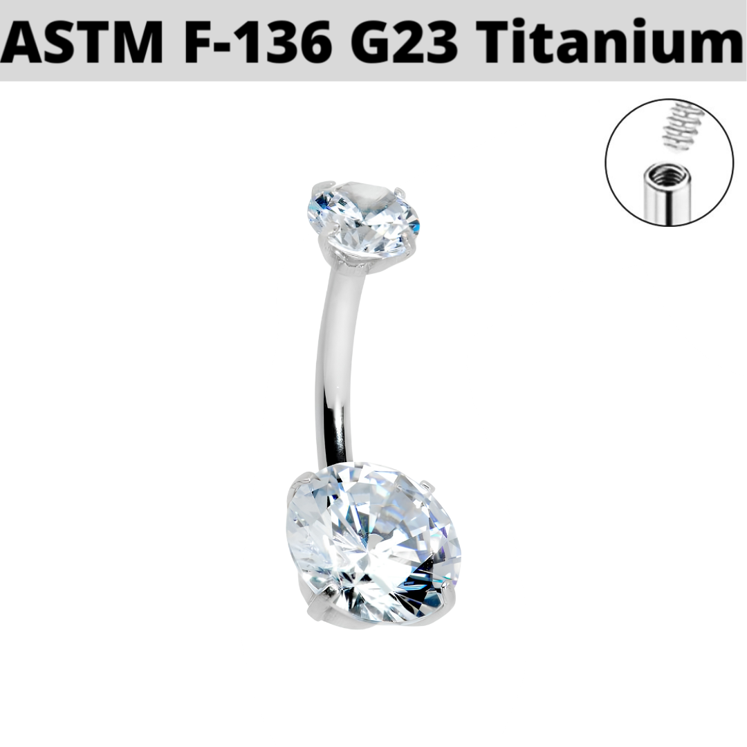 G23 Titanium Internally Threaded 4 Prong Set Double CZ Belly Ring