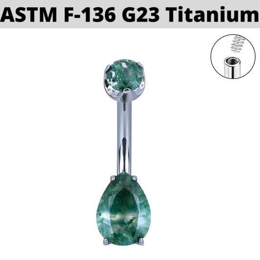 G23 Titanium Internally Threaded Teardrop Moss Agate Belly Ring