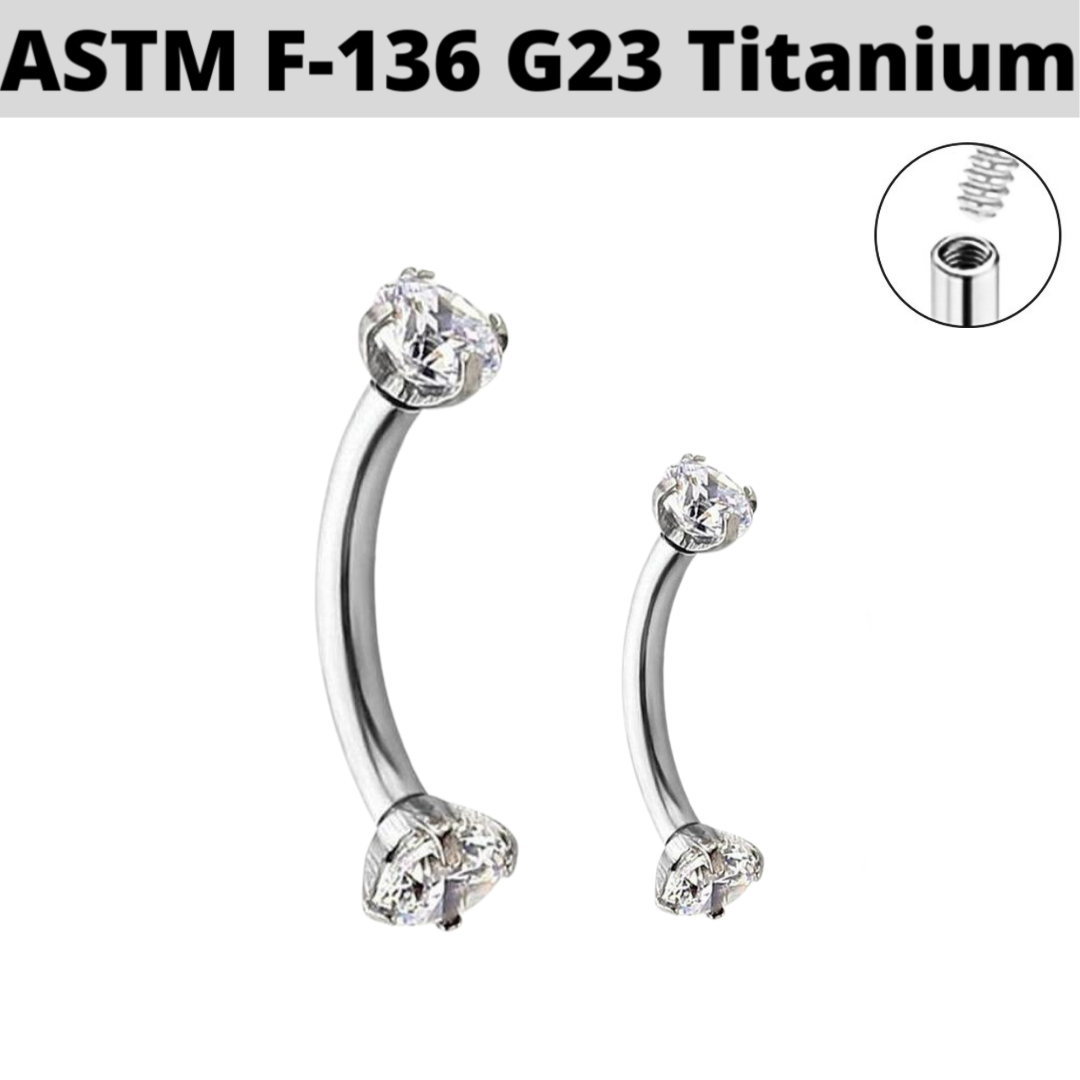 G23 Titanium Internally Threaded Prong Set Double CZ Curved Barbell