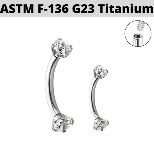 G23 Titanium Internally Threaded Prong Set Double CZ Curved Barbell