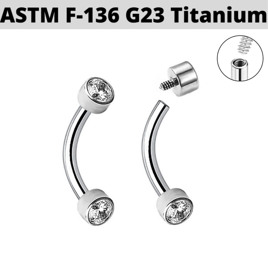 G23 Titanium Internally Threaded Bezel Set CZ Curved Barbell