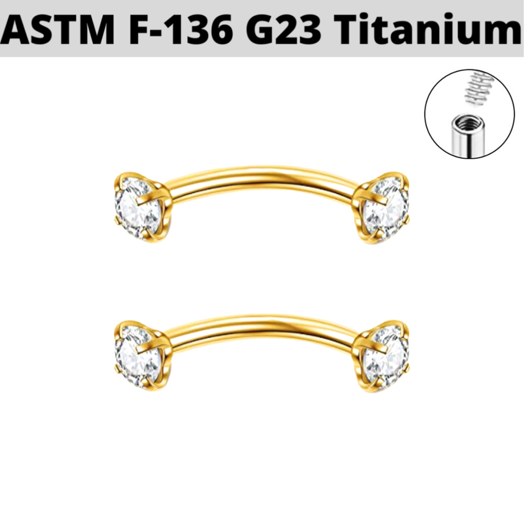 G23 Gold PVD Titanium Internally Threaded Prong Set Double CZ Curved Barbell