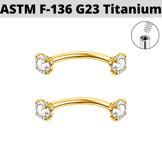 G23 Gold PVD Titanium Internally Threaded Prong Set Double CZ Curved Barbell