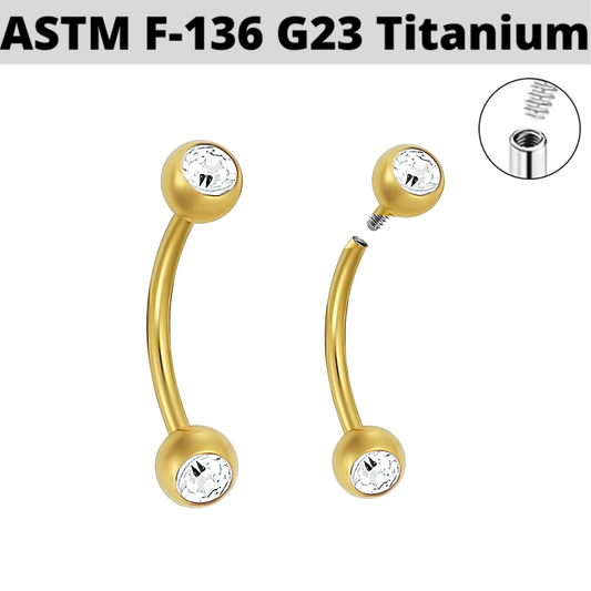 G23 Gold PVD Titanium Internally Threaded Double CZ Curved Barbell
