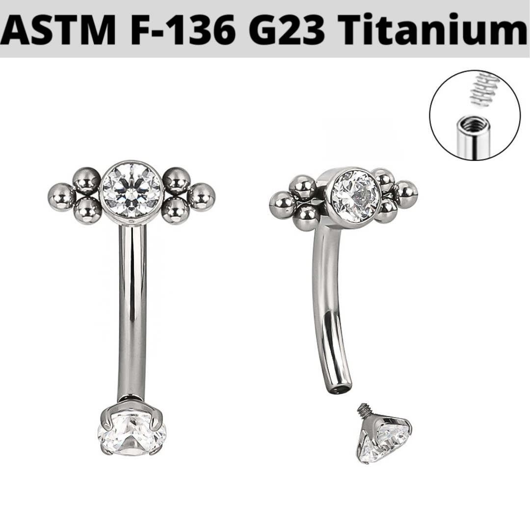 G23 Titanium Internally Threaded Beaded CZ Cluster Curved Barbell