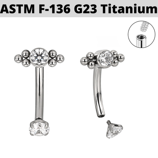G23 Titanium Internally Threaded Beaded CZ Cluster Curved Barbell