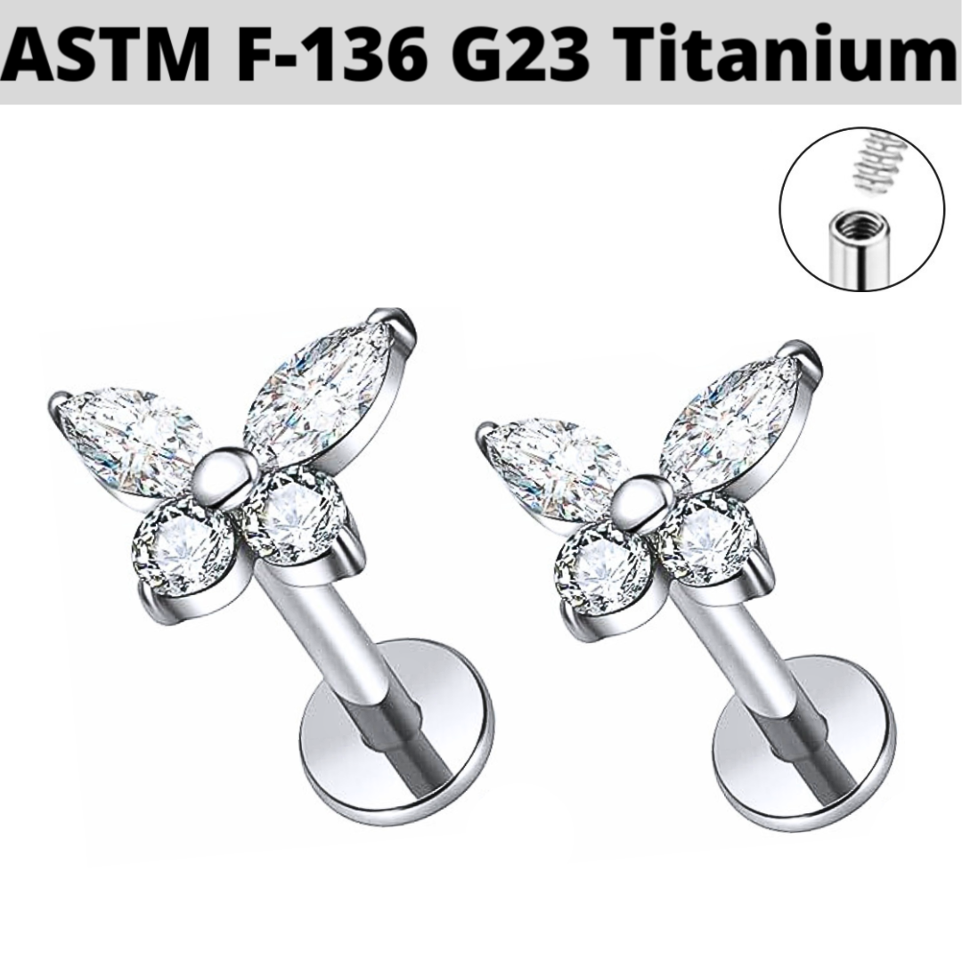 G23 Titanium Internally Threaded CZ Butterfly Tragus Labret