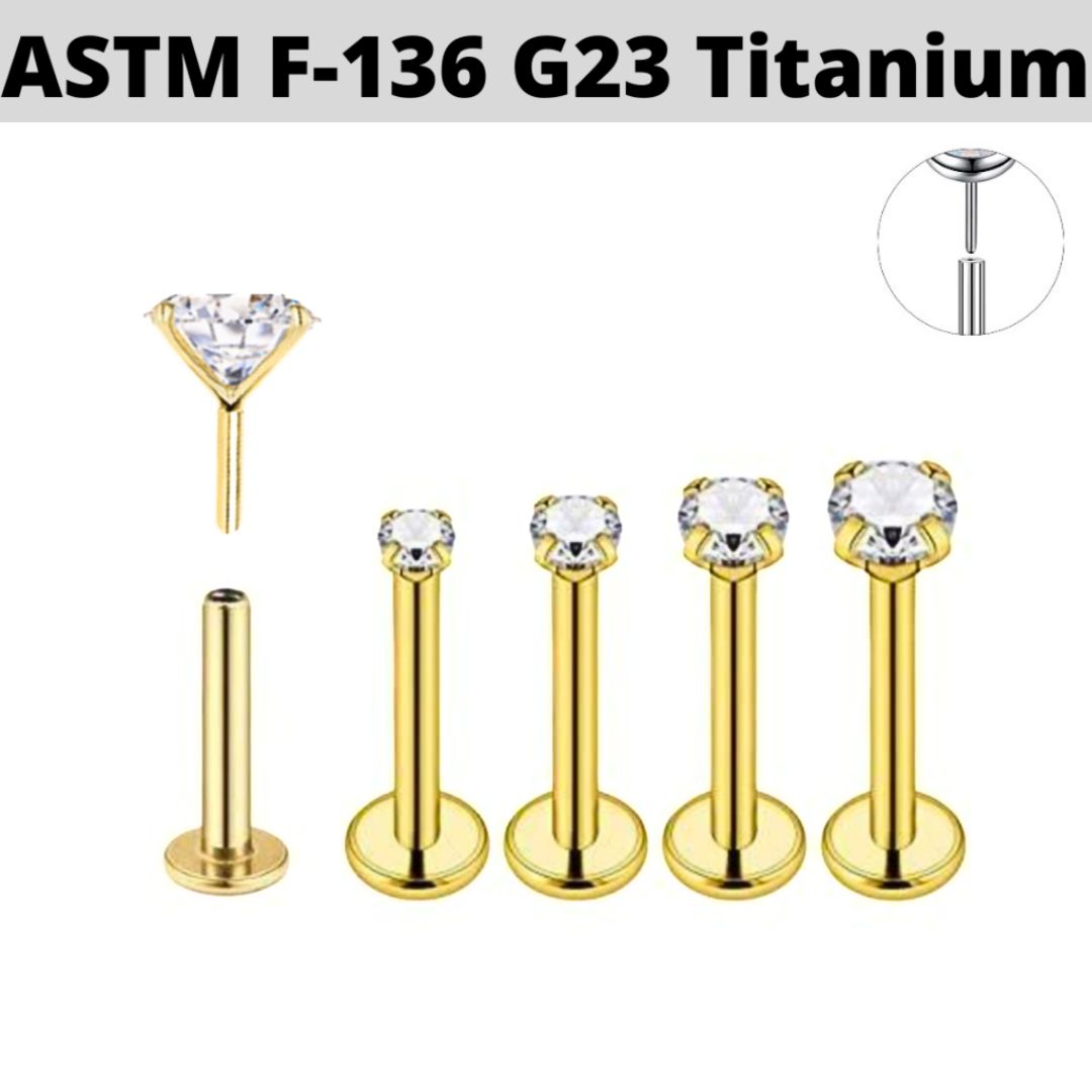 G23 Gold PVD Titanium Prong Set CZ Threadless Push In Labret