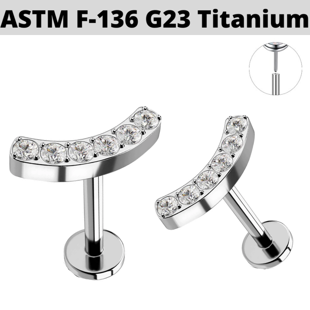 G23 Titanium Threadless Push In Curved Bar 6 CZ Tragus Labret