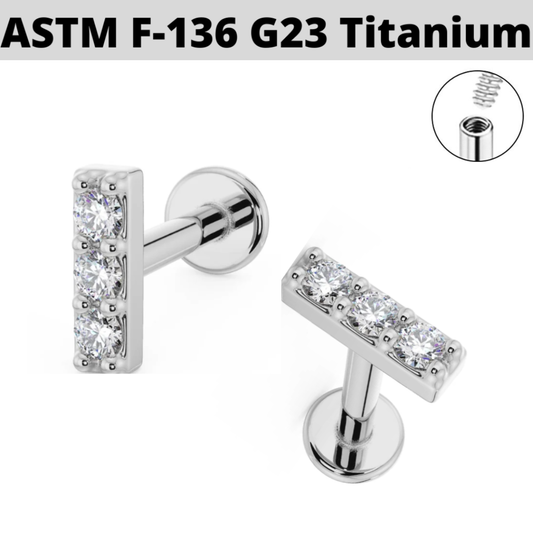 G23 Titanium Internally Threaded Triple CZ Bar Labret