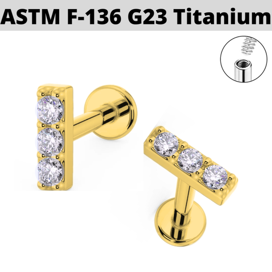G23 Gold PVD Titanium Internally Threaded Triple CZ Bar Labret