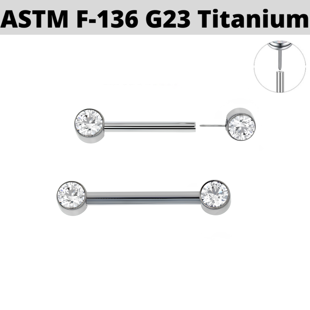 G23 Titanium Threadless Push In Flat Bezel Set CZ Front Facing Barbell