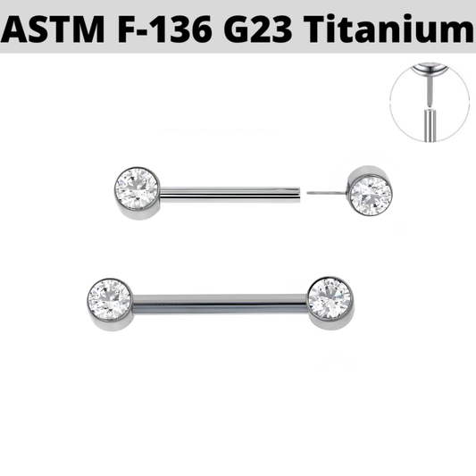 G23 Titanium Threadless Push In Flat Bezel Set CZ Front Facing Barbell