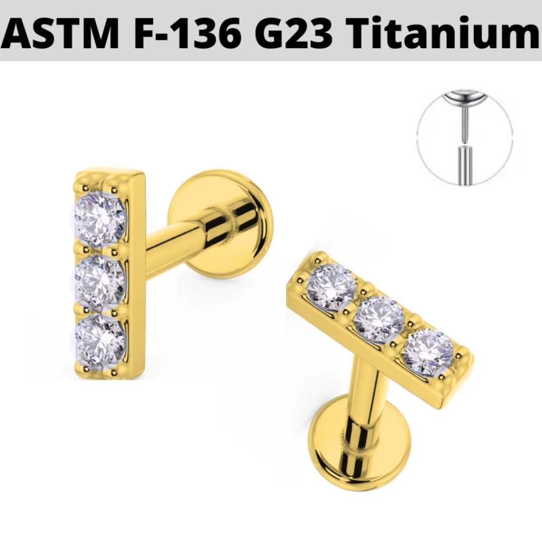 G23 Gold PVD Titanium Threadless Push In Triple CZ Bar Labret
